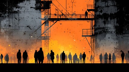 Naklejka premium A group of construction workers silhouetted against a vibrant orange and black sky with cranes and industrial structures in the background creating a powerful and dramatic industrial landscape