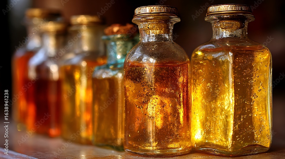 Poster bottles with colorful liquids in a row old style apothecary glassware