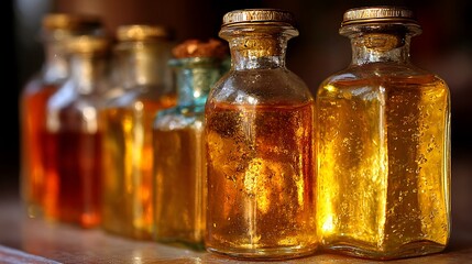 Bottles with Colorful Liquids in a Row Old Style Apothecary Glassware