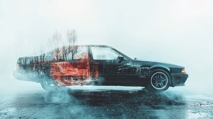 A black car with red and white markings spinning on a wet road with trees in the background.