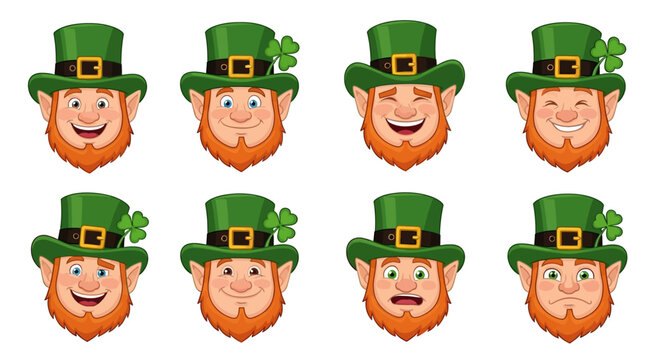 Eight cartoon leprechaun heads with different facial expressions, wearing green hats with shamrocks, isolated on a white background.