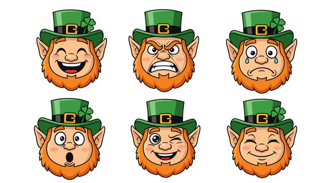 Six cartoon leprechaun faces displaying different emotions: happy, angry, sad, surprised, winking, and content, all wearing green hats with shamrocks.