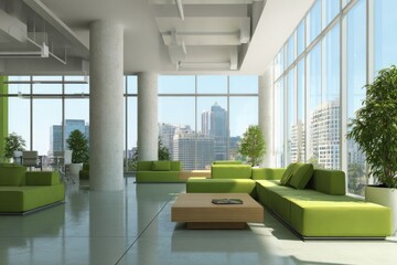 Fototapeta premium Modern, bright office lounge with city view