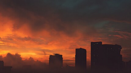 Fototapeta premium Silhouettes of city buildings against a fiery sunset sky.