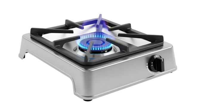 Gas Stove Burner Ignites with Blue Flame, Provides Heat for Cooking Food at Home