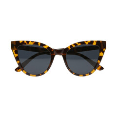 Cat eye sunglasses with tortoiseshell frame and dark lenses, isolated on white background
