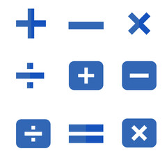 Obraz premium Basic Mathematical Symbols Icon Set - Simple Blue Vector Illustrations for Addition, Subtraction, Multiplication, Division, and Equality Concepts