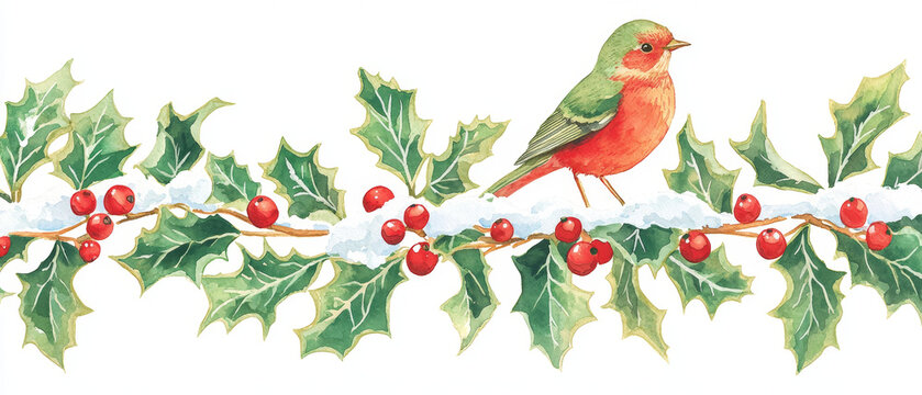 Watercolor painting of a bird on a snowy holly branch with red berries