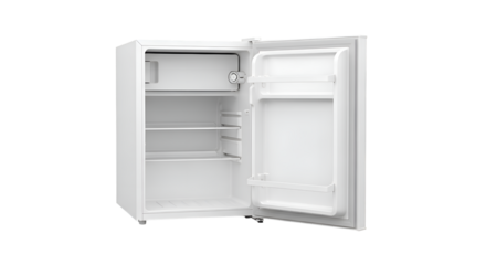 White Mini Refrigerator Stands Open, Revealing Shelves and Interior, Isolated on Black