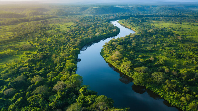 Aerial View of River in Casanare, Colombia. Stunning aerial view of a winding river surrounded by lush green vegetation in Casanare, Colombia. Perfect for nature lovers and travel enthusiasts