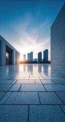 Fototapeta premium City plaza sunset, modern buildings, urban landscape, reflective ground, business district