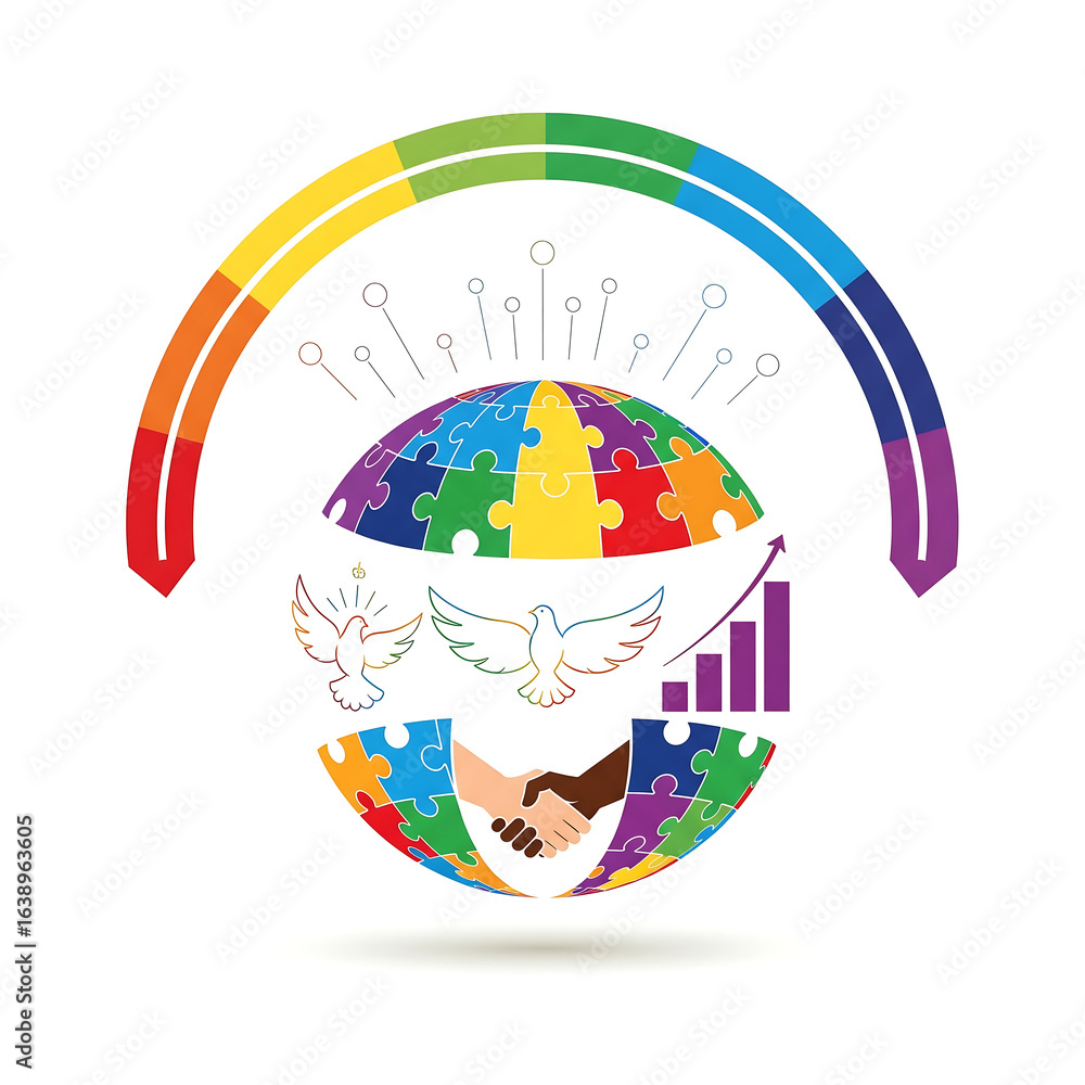 Poster vector art illustration of a colorful globe with arrows, symbolizing a world map with global communi