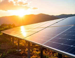 Sunset illuminates solar panels angled towards the sun in a field