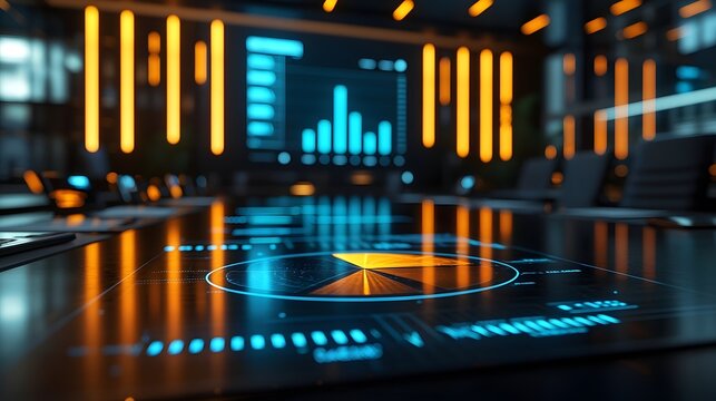 Digital analytics dashboard with futuristic pie chart display