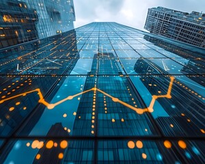 Graph reflected in skyscraper glass showcasing urban business development and dynamic city economy