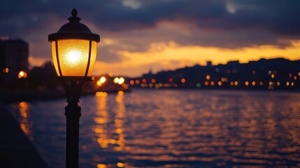 A street lamp with a warm glow stands by the water at sunset, casting a serene ambiance over the cityscape.