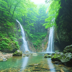 Twin waterfalls cascade through lush green forest, flowing into a tranquil pool