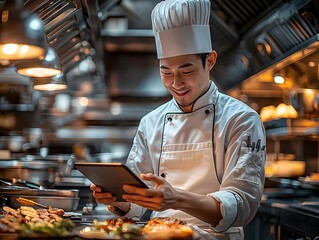 Chef using smart kitchen tablet in a professional cooking environment