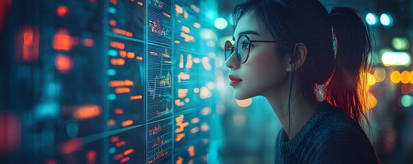 Woman analyzing financial data on digital dashboard in futuristic city setting
