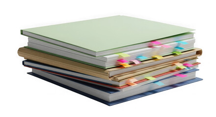 Ai generated image of stack of books with colorful index tabs isolated on transparent background