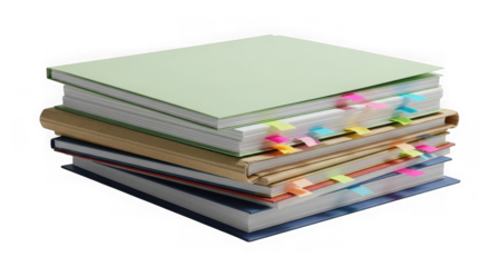 Ai generated image of stack of books with colorful index tabs isolated on transparent background