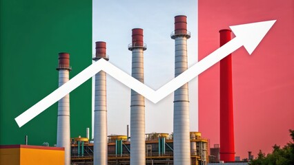 Industrial landscape with smokestacks and a rising graph overlay, set against an Italian flag background, symbolizing economic growth.