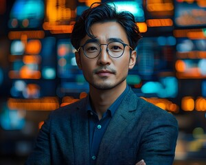 Professional Asian man in a business setting using modern technology