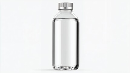 Assorted transparent glass and plastic bottles with water and other liquids, including perfume and shampoo, are isolated on a white background