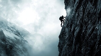 A silhouette of a person climbing a steep, rocky cliff with a dramatic, moody sky in the background.