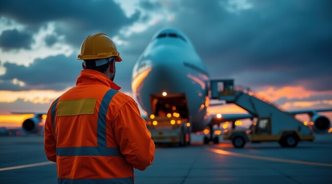 Airport worker in orange vest supervises cargo loading onto airplane at dusk