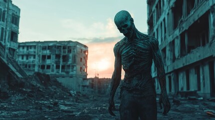Eerie scene of a scary zombie in a dark, desolate, and abandoned cityscape.