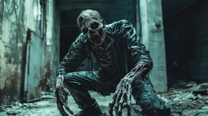 Eerie scene of a scary zombie in a dark, desolate, and abandoned cityscape.