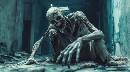 Frightening zombie walking alone in the ruins.
