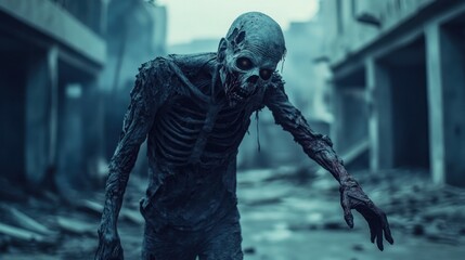 Frightening zombie walking alone in the ruins.