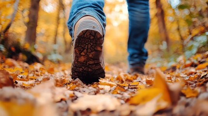A person walking through a forest with autumn leaves on the ground.