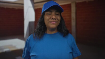 Woman shows air quotes gesture with hands in an unfinished brick building interior wearing blue cap and shirt; playful irony.