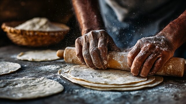 Rolling Dough with Wooden Pin in Kitchen Setting Close-up
