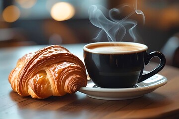 Hot black coffee in a cup with smoke coming out of the cup and fresh croissants on a wooden table. 