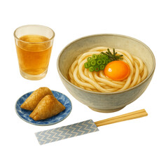 釜玉うどんといなり寿司と麦茶の水彩画、Watercolor Painting of Kamatama Udon, Inari Sushi, and Barley Tea