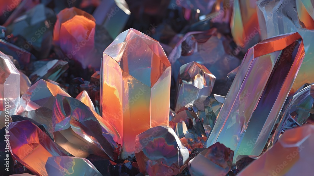 Poster a stunning close up of a cluster of glowing multi colored quartz crystals with a captivating iridesc