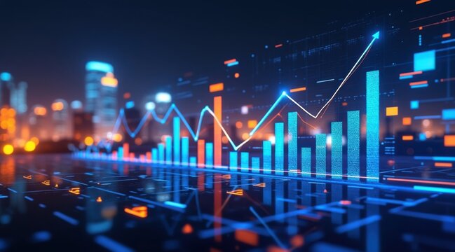 Futuristic cityscape with growing financial data visualization