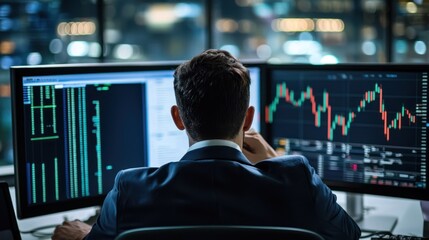 A man in a suit working at a desk with multiple computer monitors displaying financial data.