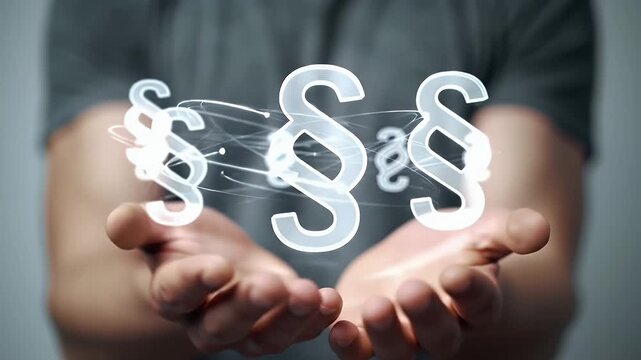 A Person Holding a Luminous Paragraph Symbol in Their Hands Legal Advice Attorneys and Ethical Standards Against a Soft Focus Gray Background