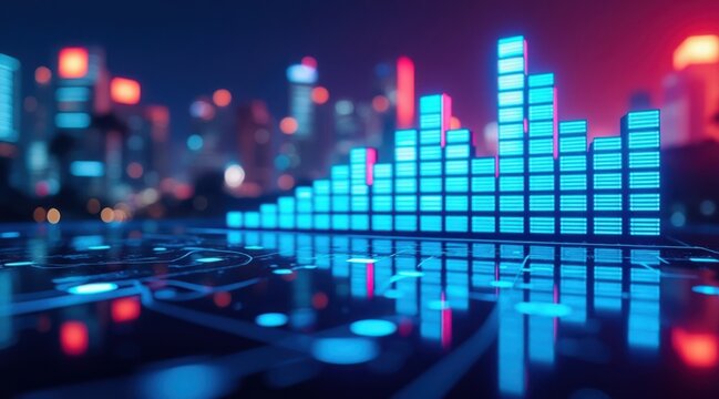 Digital cityscape with glowing blue sound equalizer and reflections
