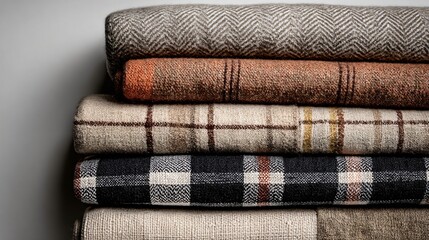 Flat lay of seasonal textiles: herringbone napkins, plaid runners, and linen tablecloths on a neutral background