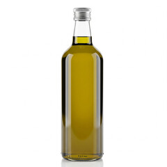 A tall, elegant bottle of extra virgin olive oil with a silver cap. The liquid shines with a golden-green hue, isolated on a white background for a luxurious feel.

