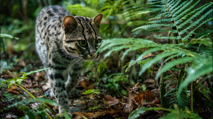 Obraz premium Rare animal Iriomote cat (Prionailurus iriomotensis) elegantly navigating the thick underbrush of the subtropical forests on Iriomote Island, Japan.