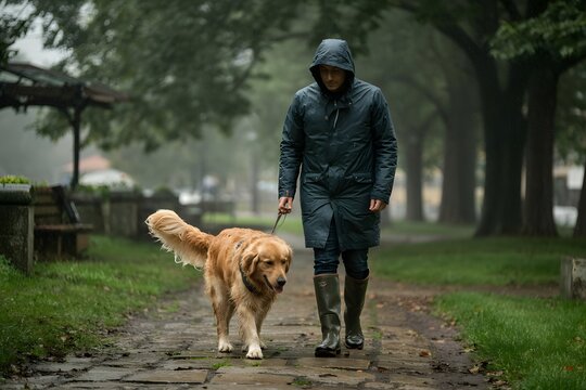 Person in rain gear walks golden retriever dog on muddy path in forest - Powered by Adobe