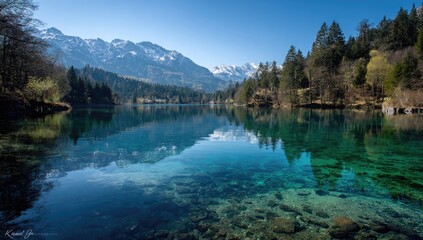 Fototapeta premium Crystal-clear lake reflecting mountains, spring trees