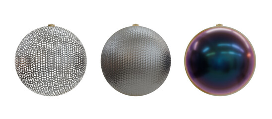Three Christmas baubles with festive patterns. 3D render.